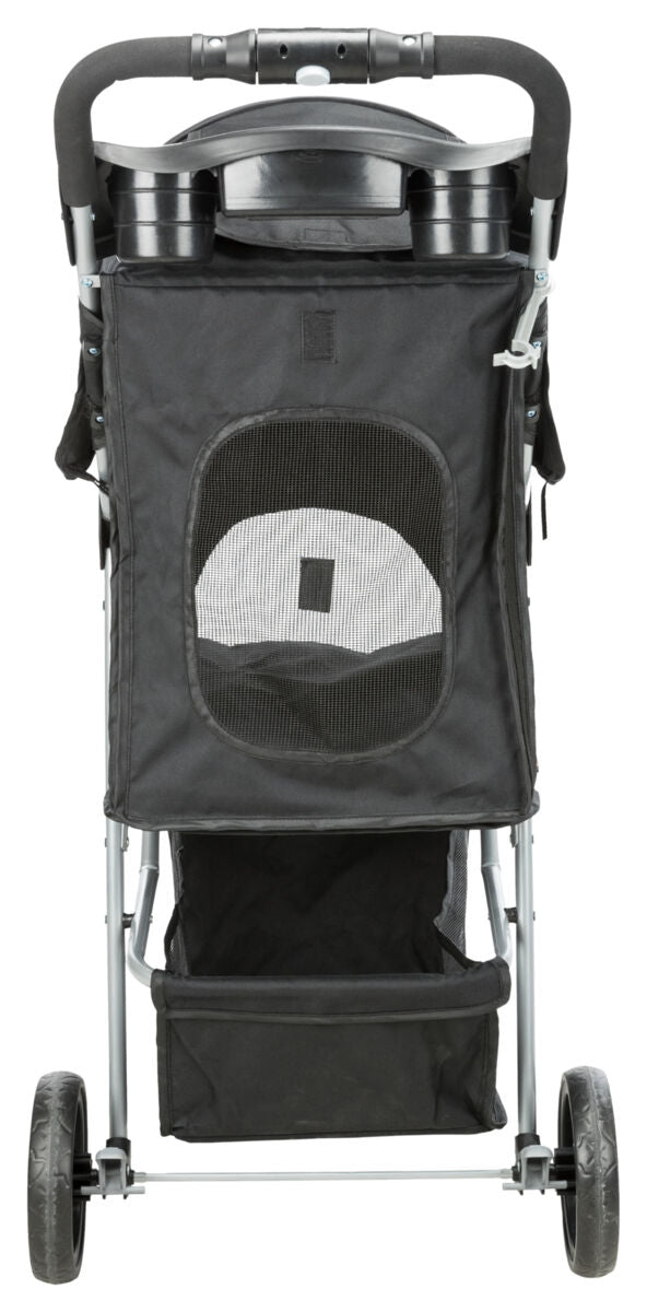 Schwarzer Kinderwagen mit Netzfenster und Ablagen, silbernem Gestell und zwei Hinterrädern, von vorne gesehen.