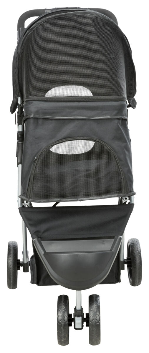 Schwarzer Kinderwagen mit Netzabdeckung, vier Rädern und Aluminiumrahmen, Vorderansicht.