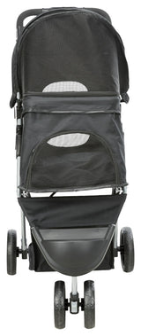 Schwarzer Kinderwagen mit Netzabdeckung, vier Rädern und Aluminiumrahmen, Vorderansicht.