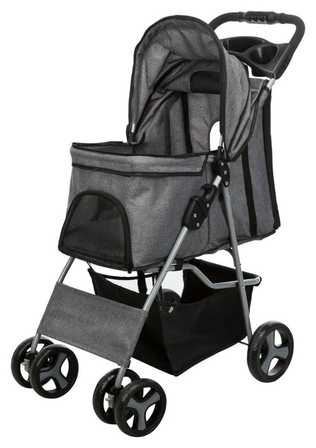 Grauer Kinderwagen mit vier Rädern, schwarzem Netzfenster, Griff und zusätzlichem Stauraum unten.