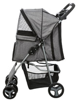 Grauer Kinderwagen mit vier Rädern, schwarzem Netzkorb unten und gepolstertem Schiebegriff; seitliche Netzbereiche.