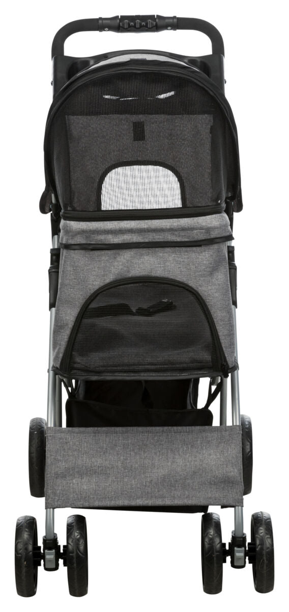 Ein grauer Kinderwagen mit vier doppelten Rädern, einem schwarzen Netz und verstellbarem Schiebegriff.