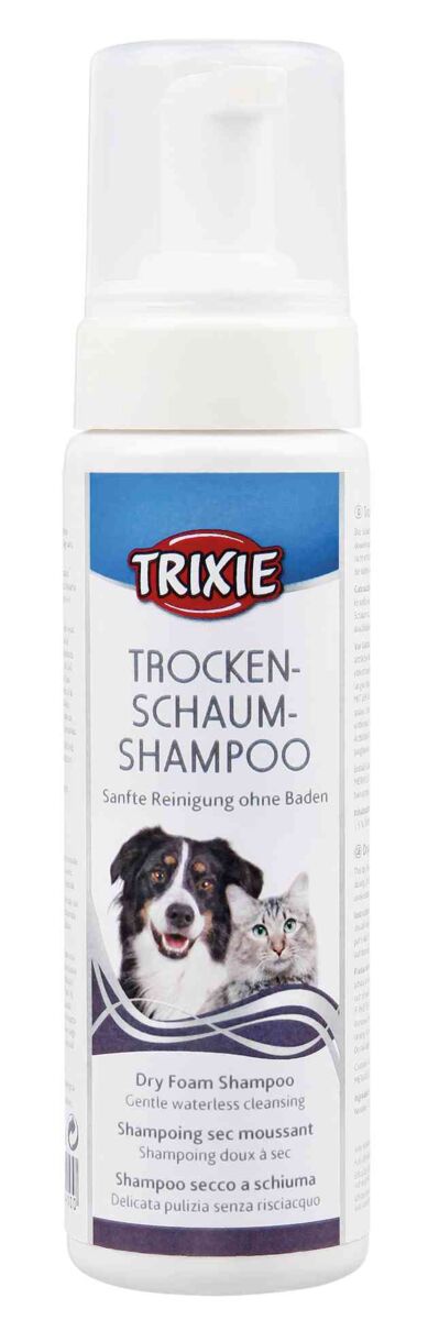 Weiße Flasche mit Pumpaufsatz, Aufschrift "TRIXIE Trockenschaumshampoo", Bild von Hund und Katze, mehrsprachige Beschreibung.