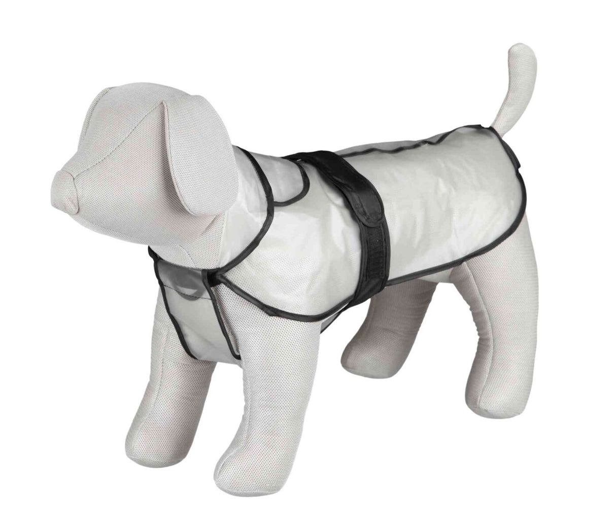 Stoffhund mit transparentem Hundemantel, schwarze Umrandung, aufrecht stehend.