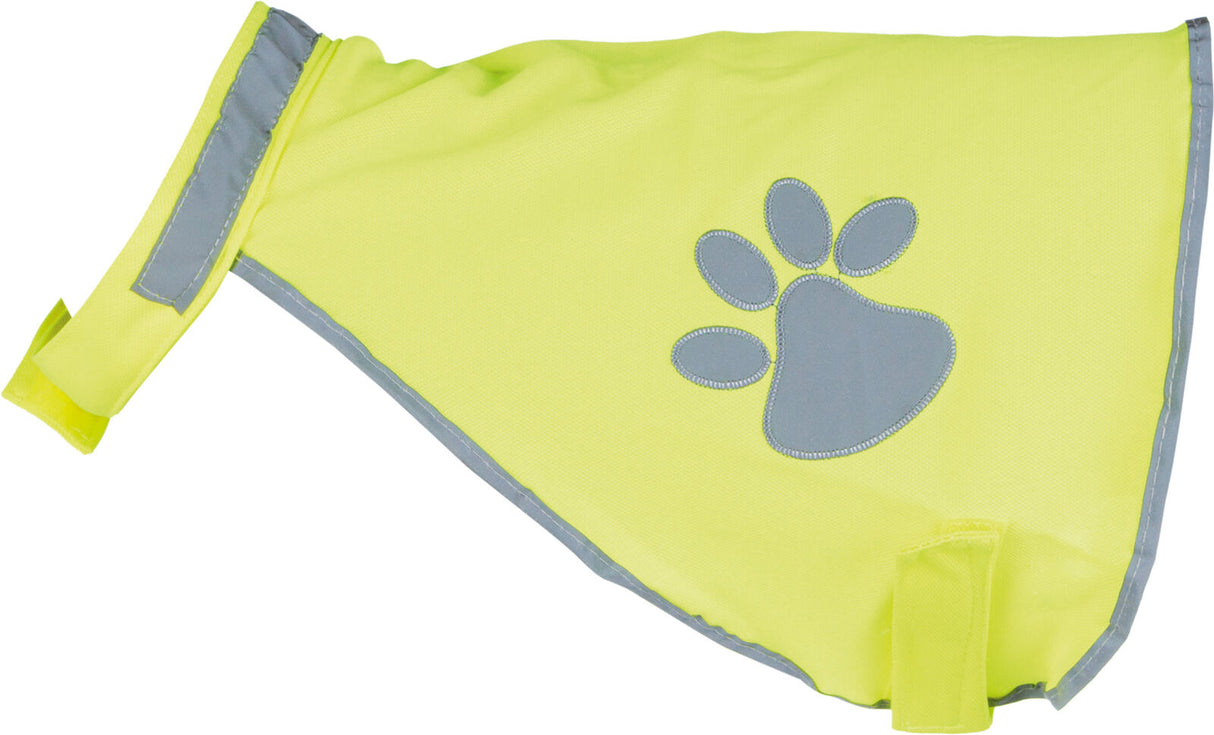 Gelbe Hundejacke mit grauer Pfotenapplikation und reflektierenden Details, Klettverschlüsse sichtbar.