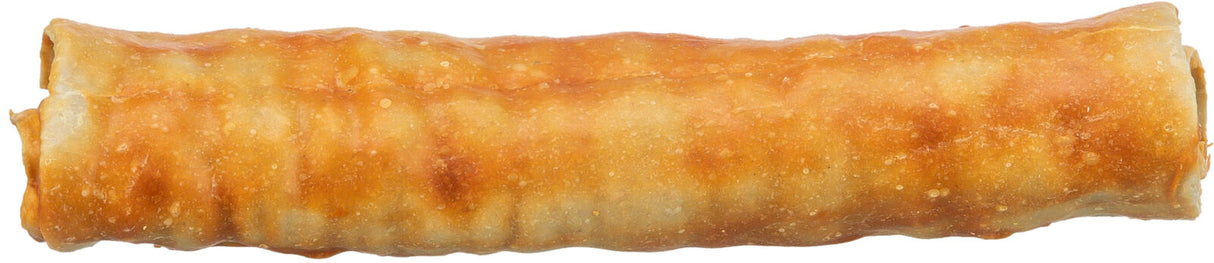 Ein länglicher, leicht gebogener Gegenstand mit goldbrauner, knuspriger Oberfläche, erinnert an einen Snack.