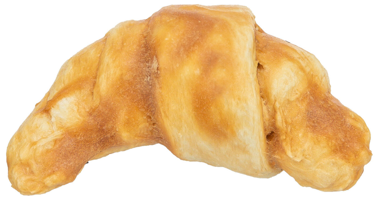 Ein einzelnes, golden gebackenes Croissant mit knuspriger Textur auf weißem Hintergrund.