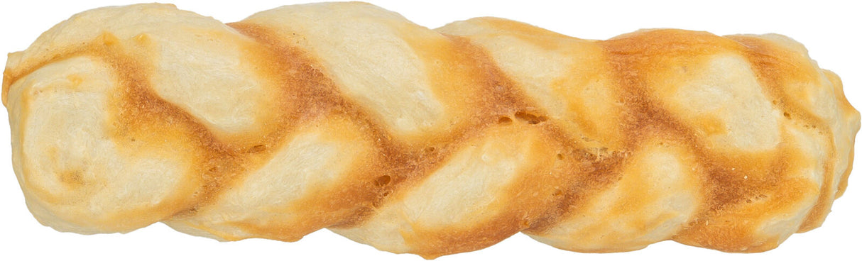 Ein hellbraunes, längliches Brötchen mit gedrehter Oberfläche und goldener Kruste.