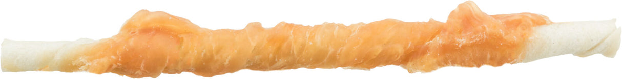 Langes, weißes Hundekauprodukt mit orangefarbener Umwicklung, glatt und verdreht.