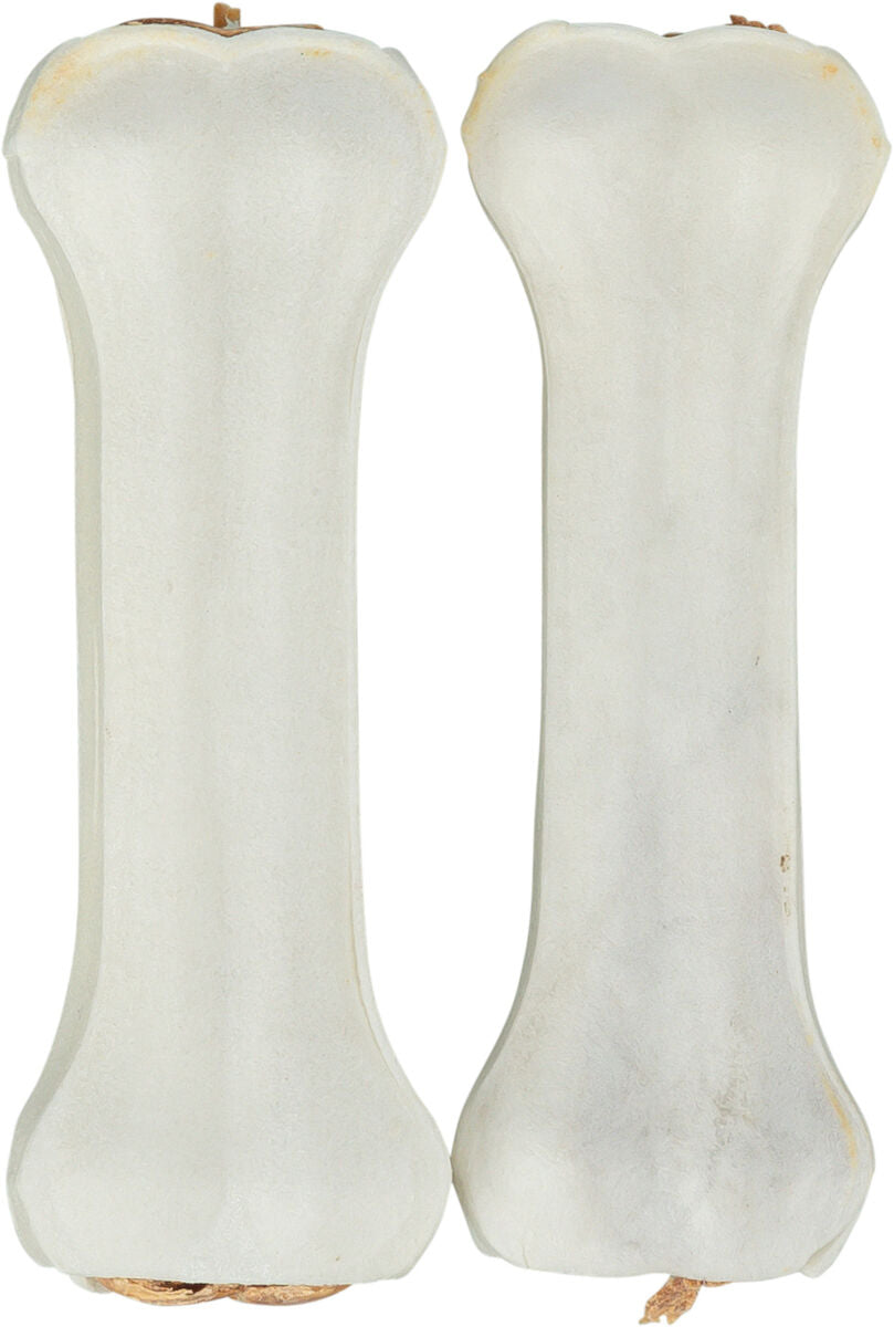 Zwei identische weiße Kauknochen in länglicher Form, vertikal nebeneinander angeordnet.