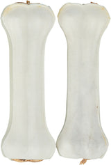 Zwei identische weiße Kauknochen in länglicher Form, vertikal nebeneinander angeordnet.