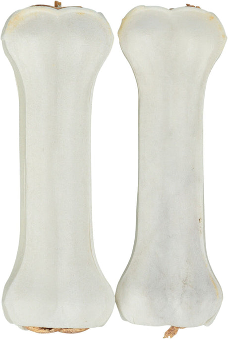 Zwei identische weiße Kauknochen in länglicher Form, vertikal nebeneinander angeordnet.