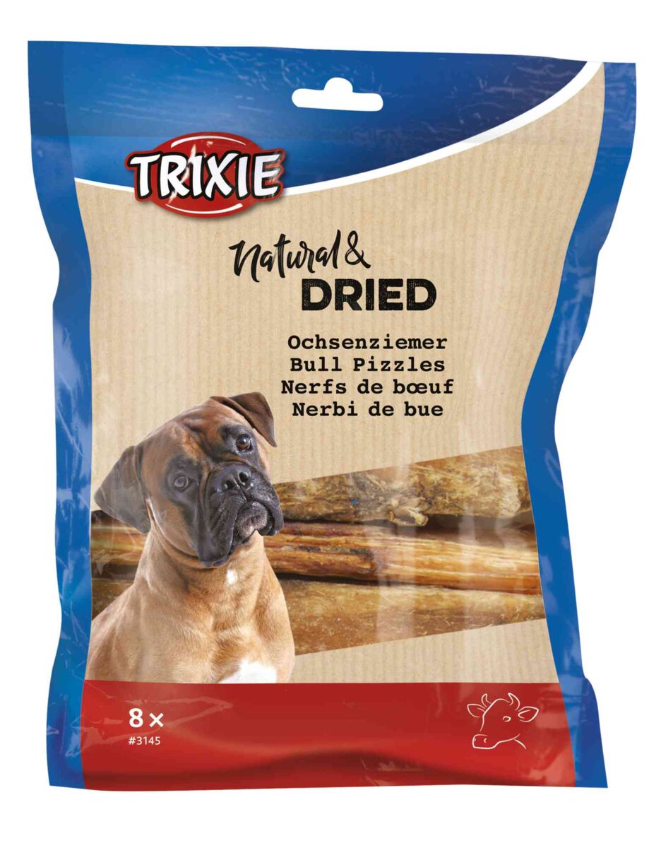 Tüte mit getrockneten Ochsenziemern für Hunde, blaue und rote Verpackung, Abbildung eines Hundes, Text "8x".