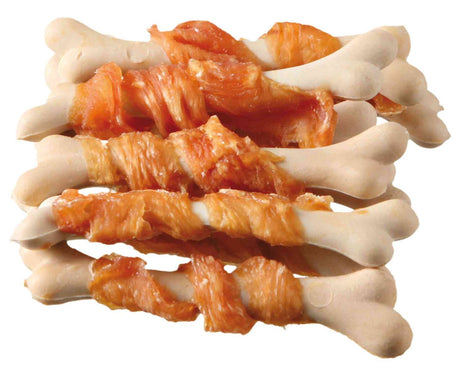 Weiße Knochen mit orange eingefärbten, fleischartigen Streifen auf einem weißen Hintergrund.