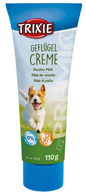 Trixie Geflügel-Creme in einer blauen Tube mit einem rennenden Hund auf der Verpackung, 110g, zuckerfrei, glutenfrei.