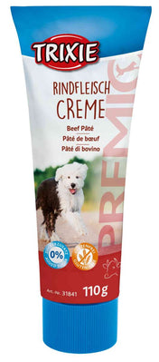 Tube mit Rindfleischcreme der Marke Trixie, 110 g, mit Bild eines Hundes, zuckerfrei und glutenfrei.