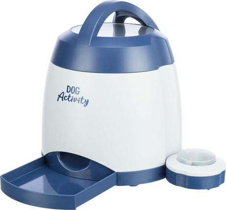 Automatischer Hundefutterspender in Blau und Weiß mit Schale und Aufschrift "Dog Activity".