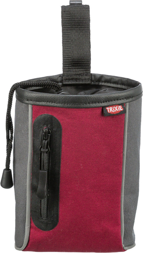 Grauer und roter Beutel mit Reißverschluss und schwarzem Tragegriff, kleines Label mit "TRIXIE"-Schriftzug.