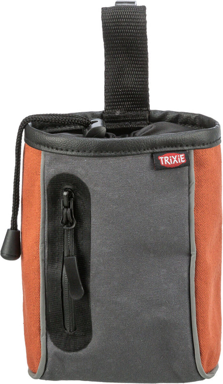 Graue und orangefarbene Tasche mit Reißverschluss und schwarzem Trageband, Aufdruck "TRIXIE".