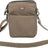 Beige Umhängetasche mit verstellbarem Schulterriemen, Fronttasche und Markenlabel auf der Vorderseite.