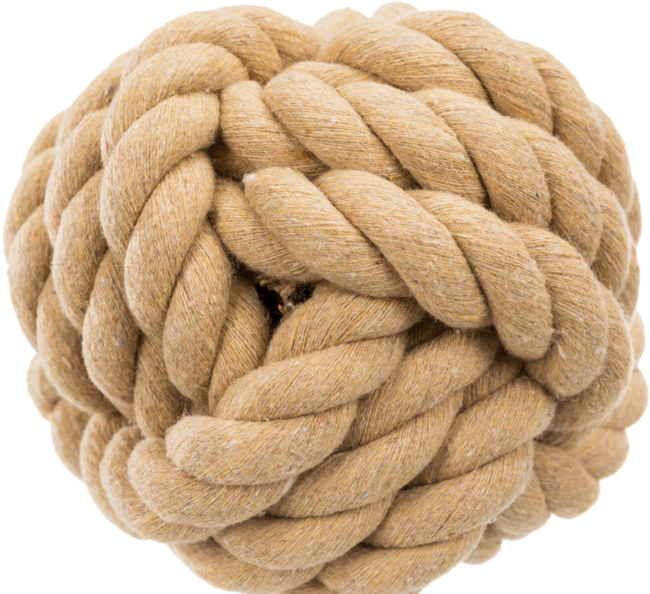 Beigefarbener, eng geflochtener Ball aus dickem Seil, knotig geformt.