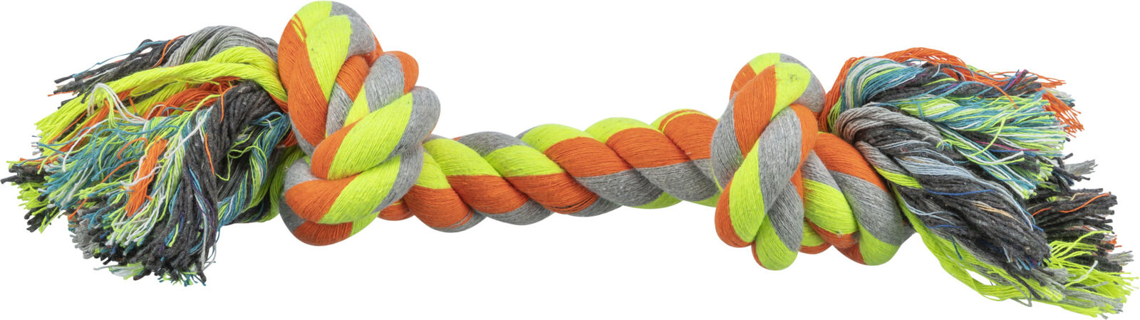 Geflochtenes, mehrfarbiges Spielzeugseil aus orange, grau, gelb und blauen Fäden mit Fransen an beiden Enden.