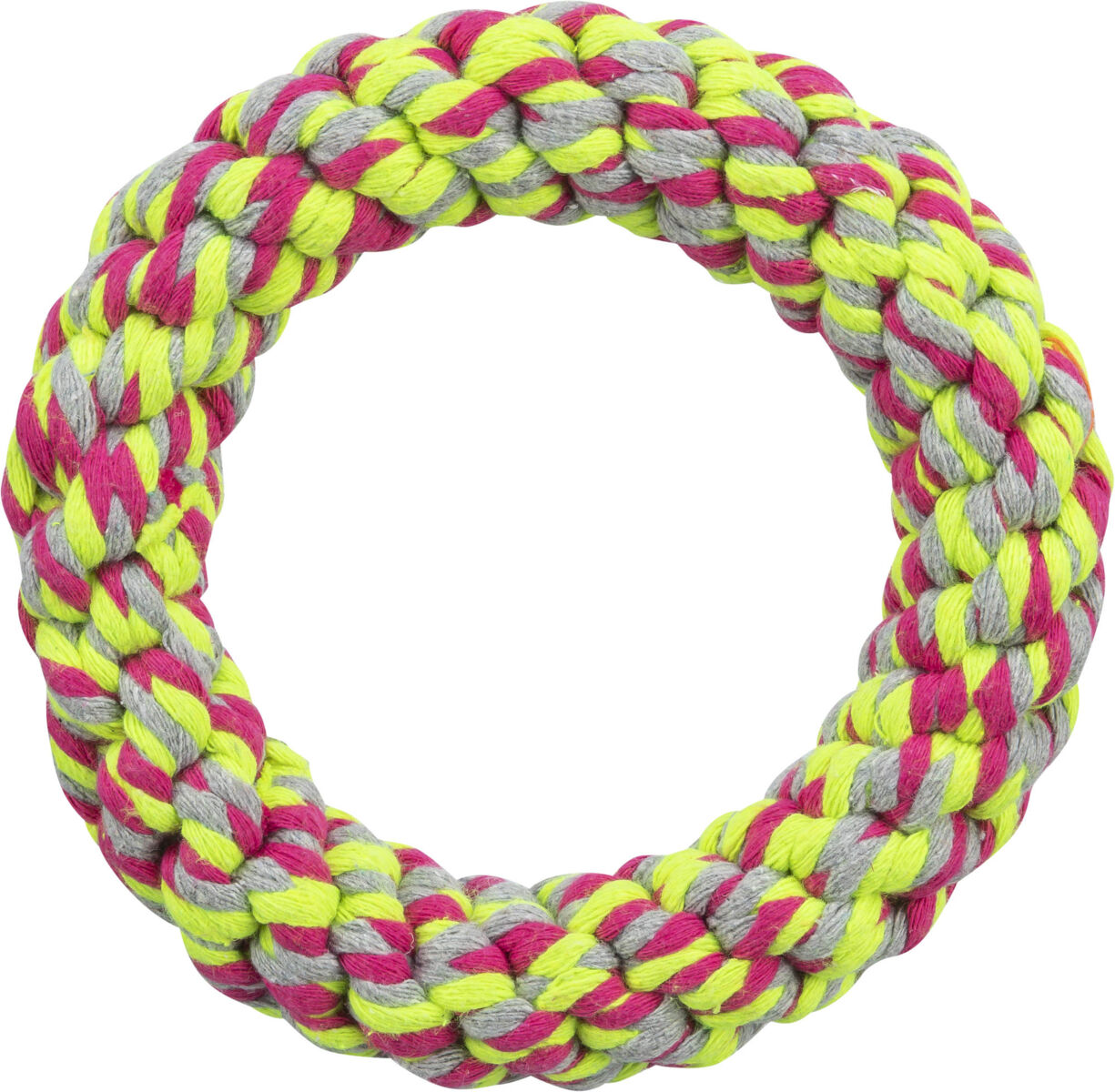 Geflochtener Ring aus bunten Fasern in Pink, Grün und Grau, symmetrisch angeordnet in leuchtenden Farben.