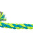 Geflochtenes Spielzeug aus blauem und gelbem Seil mit Schlaufe und Knoten.