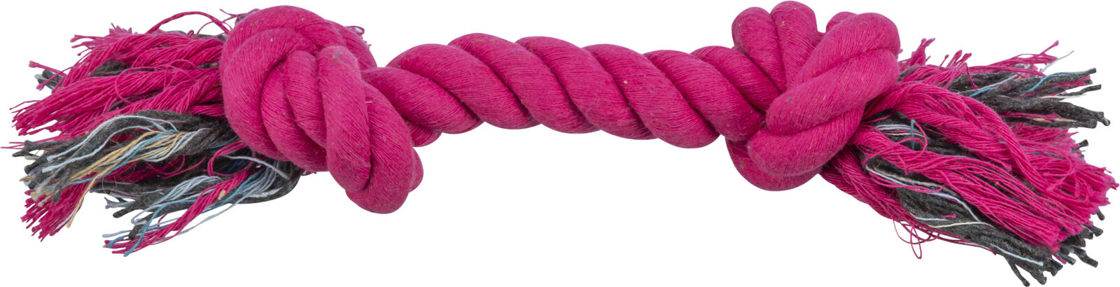 Rosa, gedrehtes Kauspielzeugseil mit Fransen an den Enden und farbigen Fäden durchzogen.
