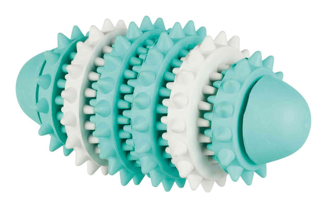 Türkis-weißes, geripptes, zylinderförmiges Spielzeug mit spitzen Noppen entlang der gesamten Oberfläche.