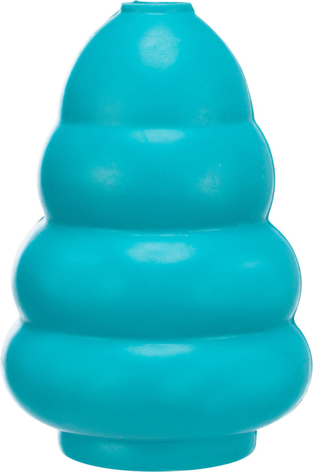 Ein blaues, turmförmiges, gestuftes Gummispielzeug mit mehreren abgerundeten Segmenten.