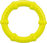 Gelber Kunststoffring mit hervorstehenden Noppen und knochenförmigen Ausbuchtungen, kreisförmiges Design.