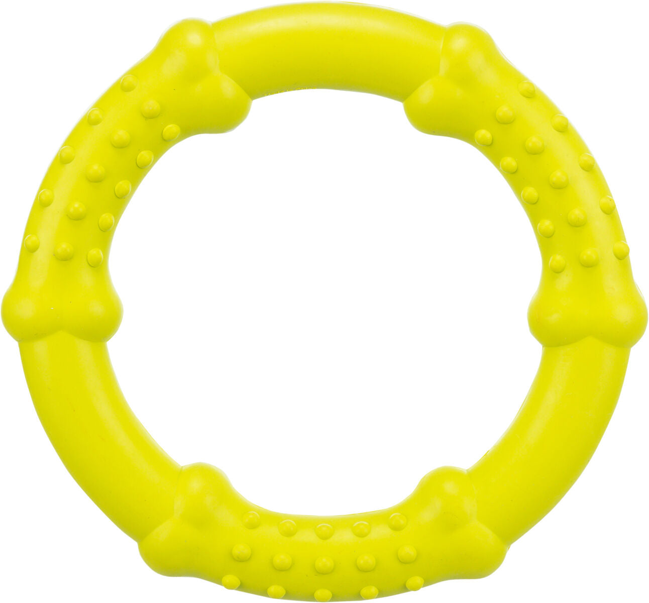 Gelber Kunststoffring mit hervorstehenden Noppen und knochenförmigen Ausbuchtungen, kreisförmiges Design.
