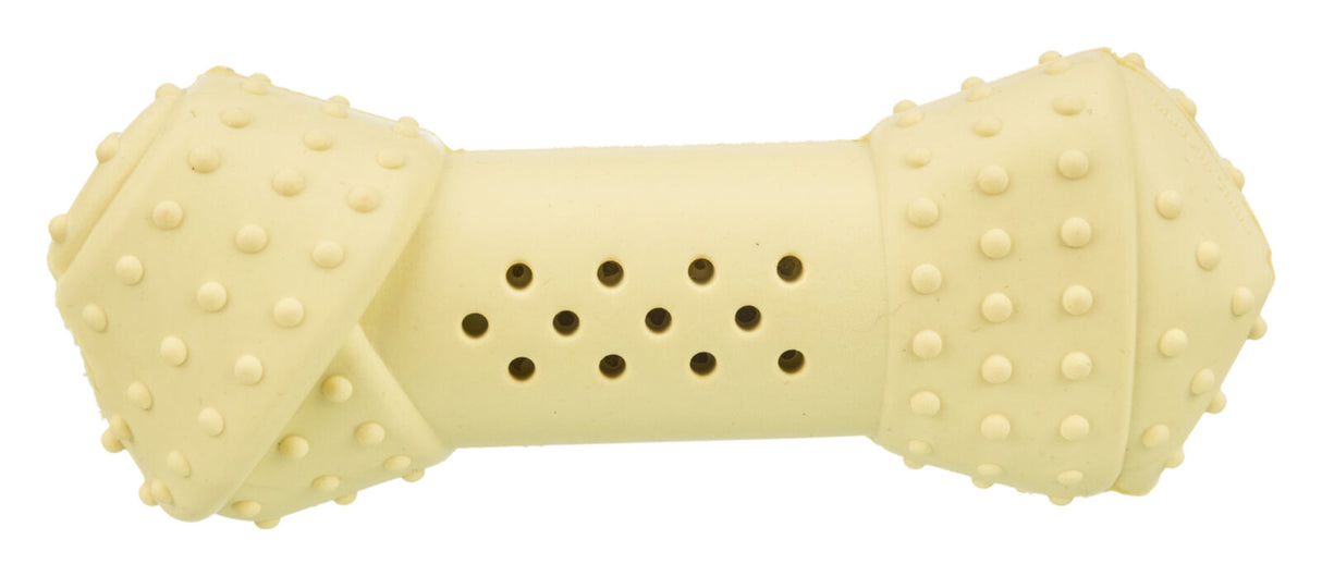 Beiger, stacheliger Kauknochen aus Gummi mit Löchern an den Enden für Hunde.