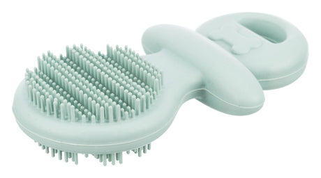Ein mintgrüner Silikonkamm mit Griff und flexiblen Borsten geeignet für die Pflege von Tieren.