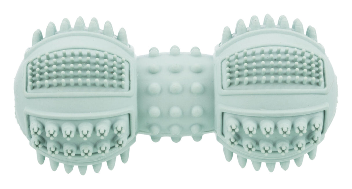 Mintgrünes Spielzeug mit Noppen und Rillen in symmetrischer Form.