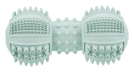 Mintgrünes Spielzeug mit Noppen und Rillen in symmetrischer Form.