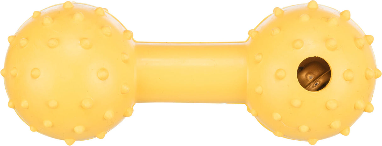 Gelbes, strukturiertes Hundespielzeug in Knochenform mit Noppen und einem sichtbaren Loch auf einer Seite.