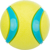 Gelber Ball mit zwei geschwungenen, hellblauen Streifen an den Seiten, die die Oberfläche unterbrechen.