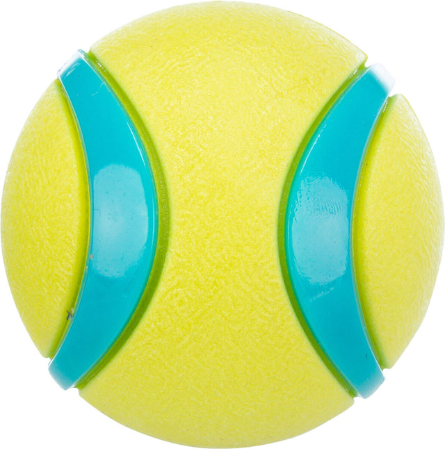 Gelber Ball mit zwei geschwungenen, hellblauen Streifen an den Seiten, die die Oberfläche unterbrechen.