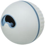 Weiße, runde Kugel mit blauen Akzenten und Öffnung, möglicherweise ein Spielzeug oder Behälter.
