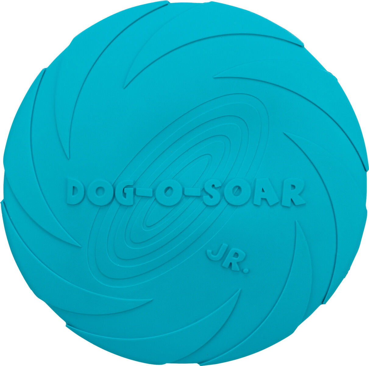Runde, türkisfarbene Scheibe mit spiralförmigem Muster und der Aufschrift "DOG-O-SOAR JR.".