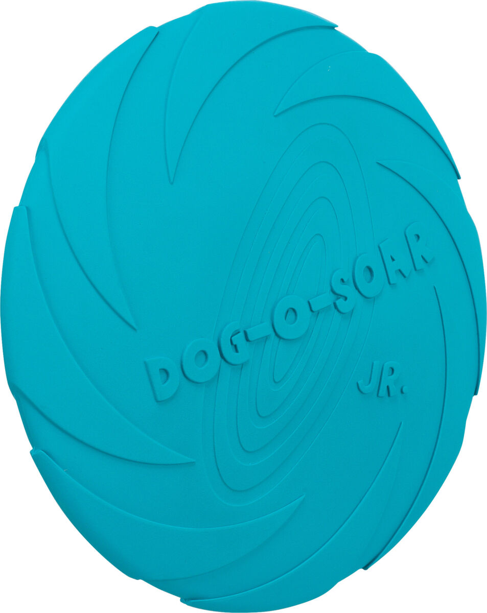Runde, blaue Scheibe mit der Aufschrift "DOG-O-SOAR JR.", spiralartiges Muster auf der Oberfläche.