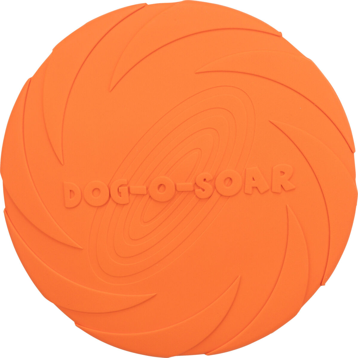 Eine runde, orange Frisbee-Scheibe mit geprägtem Text "DOG-O-SOAR" und spiralförmigem Muster.