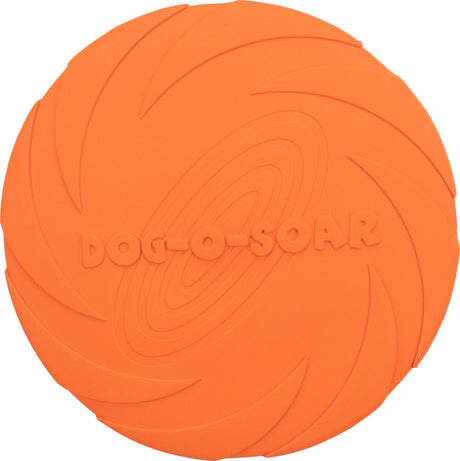 Eine runde, orange Frisbee-Scheibe mit geprägtem Text "DOG-O-SOAR" und spiralförmigem Muster.