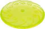 Runde, gelbe Frisbee mit Pfotenabdrücken und geschwungenen Linien auf der Oberfläche.