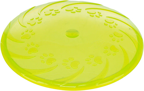 Runde, gelbe Frisbee mit Pfotenabdrücken und geschwungenen Linien auf der Oberfläche.