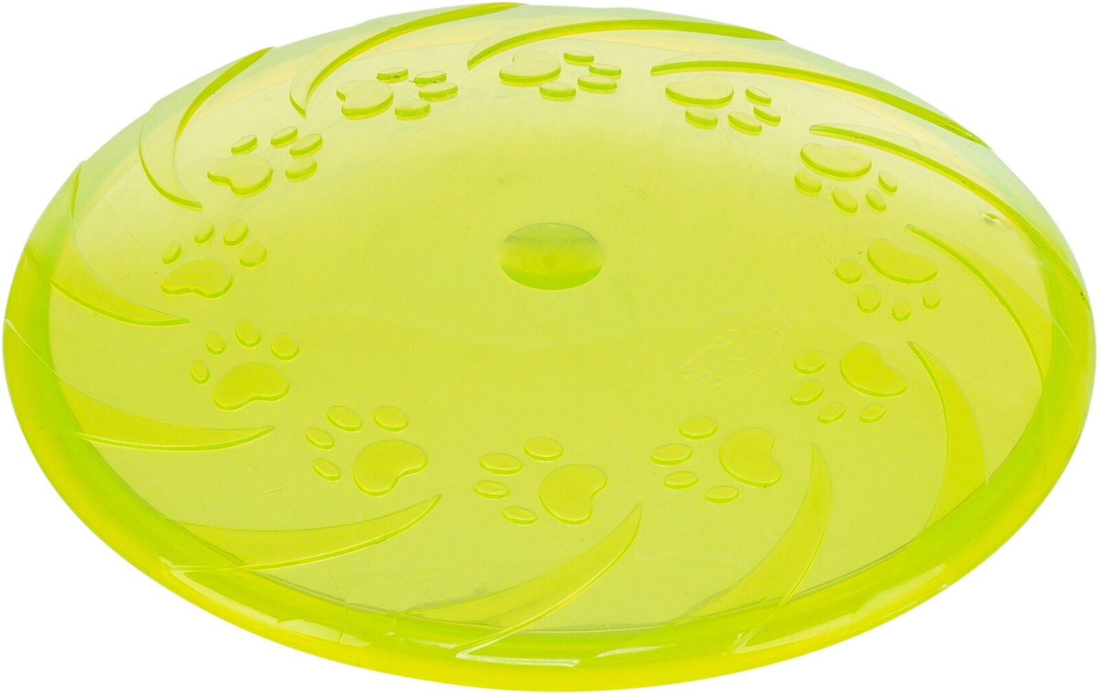 Runde, gelbe Frisbee mit Pfotenabdrücken und geschwungenen Linien auf der Oberfläche.