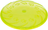 Runde, gelbe Frisbee mit Pfotenabdrücken und geschwungenen Linien auf der Oberfläche.