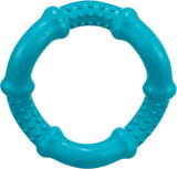 Runder, blauer Beißring mit genoppter Oberfläche, geeignet als Hundespielzeug.
